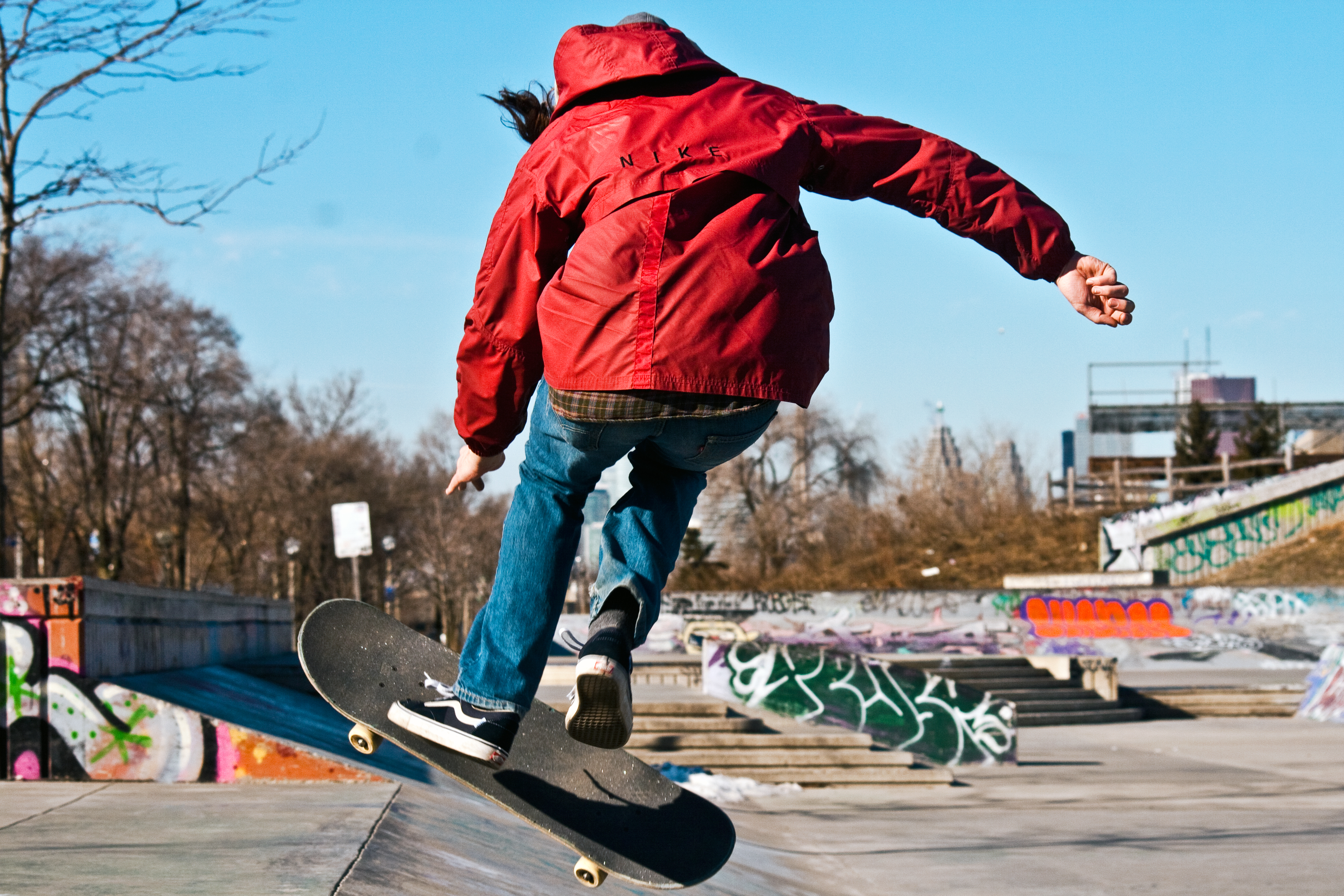 Ryan skating in a red coat at the Ashbridges Bay skatepark (Coxwell & Lakeshore) 2015
